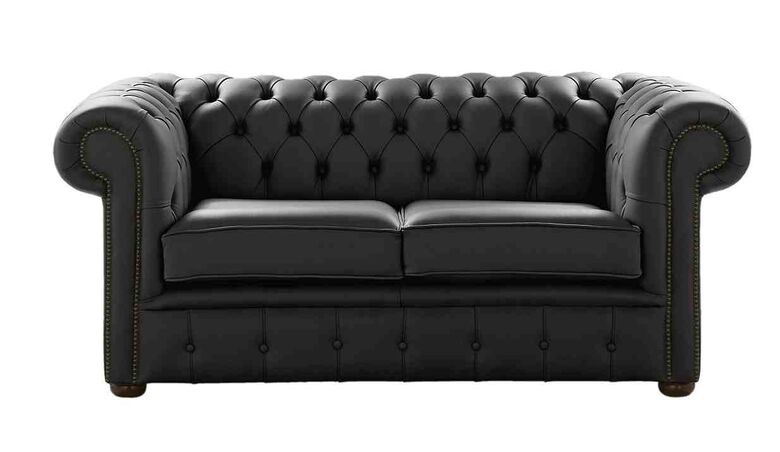 Chesterfield 2 Seater Sofa Settee Shelly Black Real Leather
