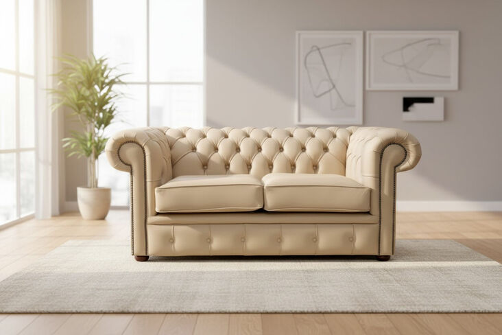 Chesterfield 2-Seater Sofa | Shelly Stone Leather Settee | Classic Tufted Design