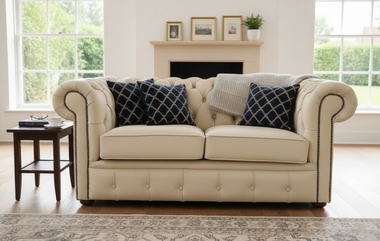Chesterfield 2-Seater Sofa | Shelly Stone Leather Settee | Classic Tufted Design