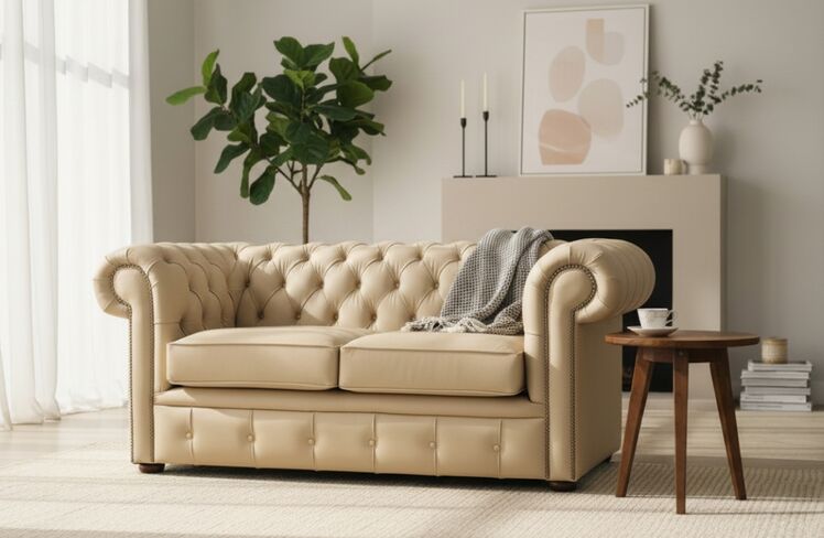 Chesterfield Leather Sofa - British Made 2 Seater Ivory