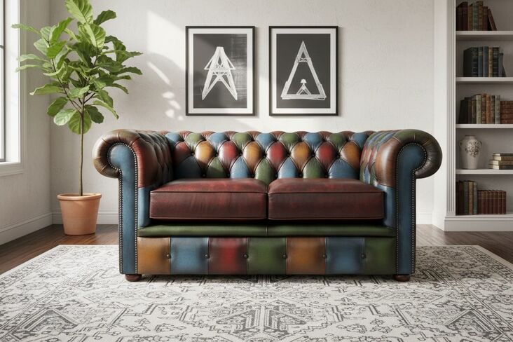 Chesterfield Patchwork Antique 2 Seater Settee Leather Sofa