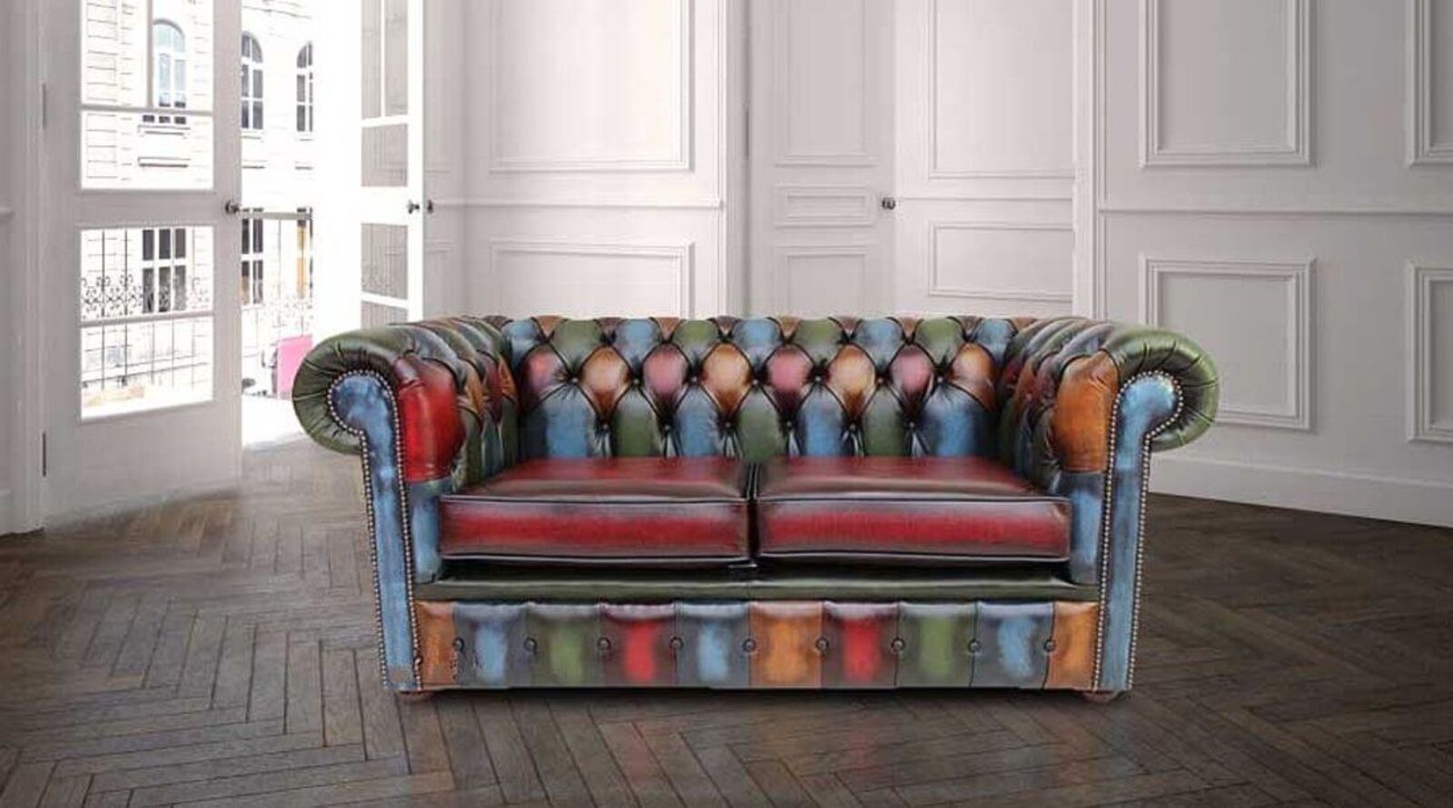 Product photograph of Chesterfield Patchwork Antique 2 Seater Settee Leather Sofa from Designer Sofas 4U