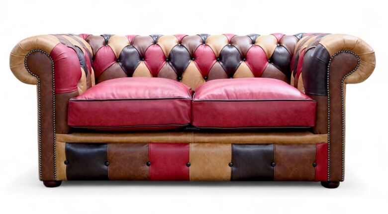 Duke Mini Patchwork Old English Leather Chesterfield 2 Seater Sofa Settee