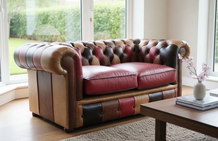 Duke Mini Patchwork Old English Leather Chesterfield 2 Seater Sofa Settee