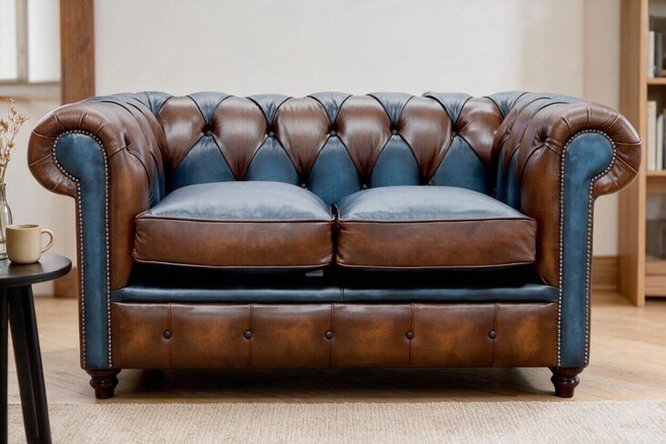 Duke Patchwork Heritage Chesterfield 2 Seater Sofa Settee Antique Tan & Blue Leather