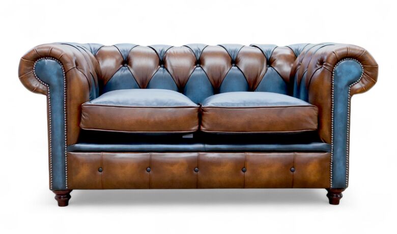 Duke Patchwork Heritage Chesterfield 2 Seater Sofa Settee Antique Tan & Blue Leather