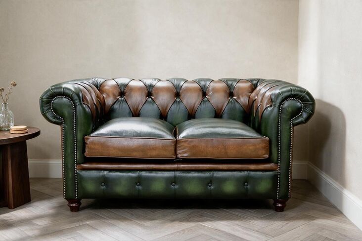 Duke Patchwork Legacy Chesterfield 2 Seater Sofa Settee Antique Tan & Green Leather