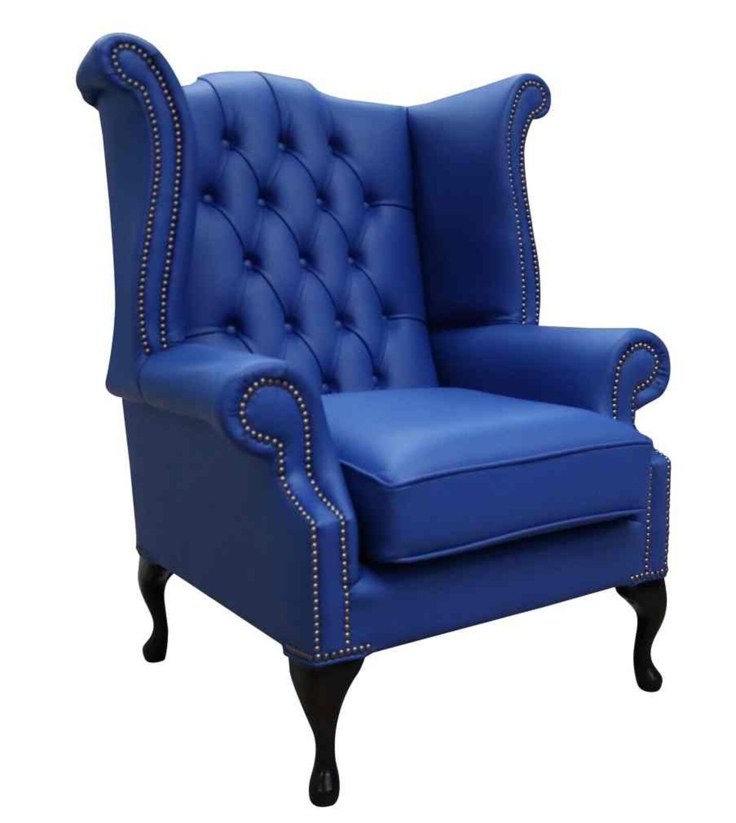 Product photograph of Chesterfield Queen Anne High Back Wing Chair Blue Leather from Designer Sofas 4U