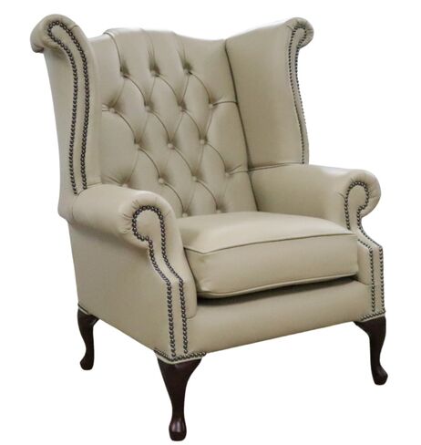 Chesterfield Georgian Queen Anne High Back Wing Chair Dark Beige Leather