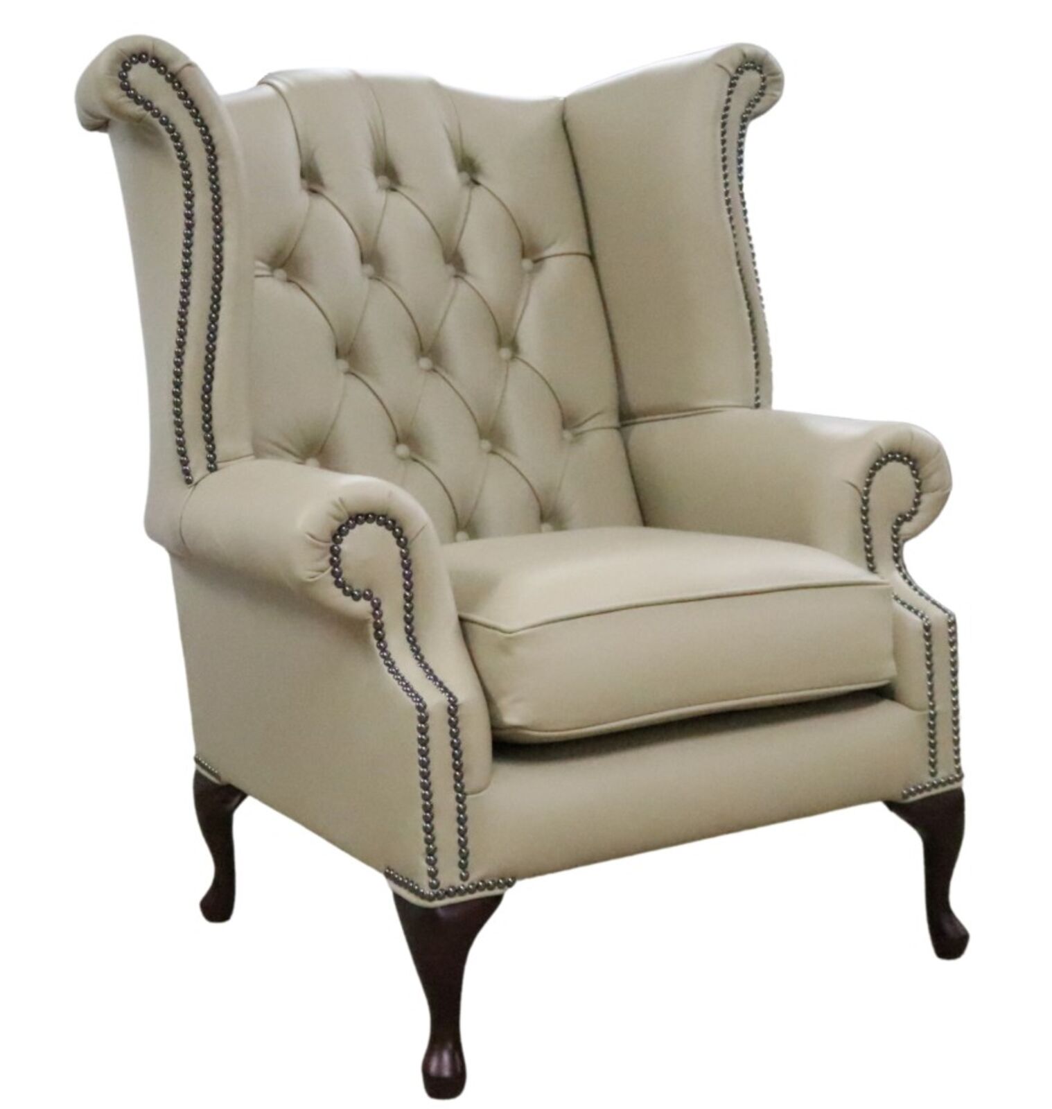 Product photograph of Chesterfield Georgian Queen Anne High Back Wing Chair Dark Beige Leather from Designer Sofas 4U