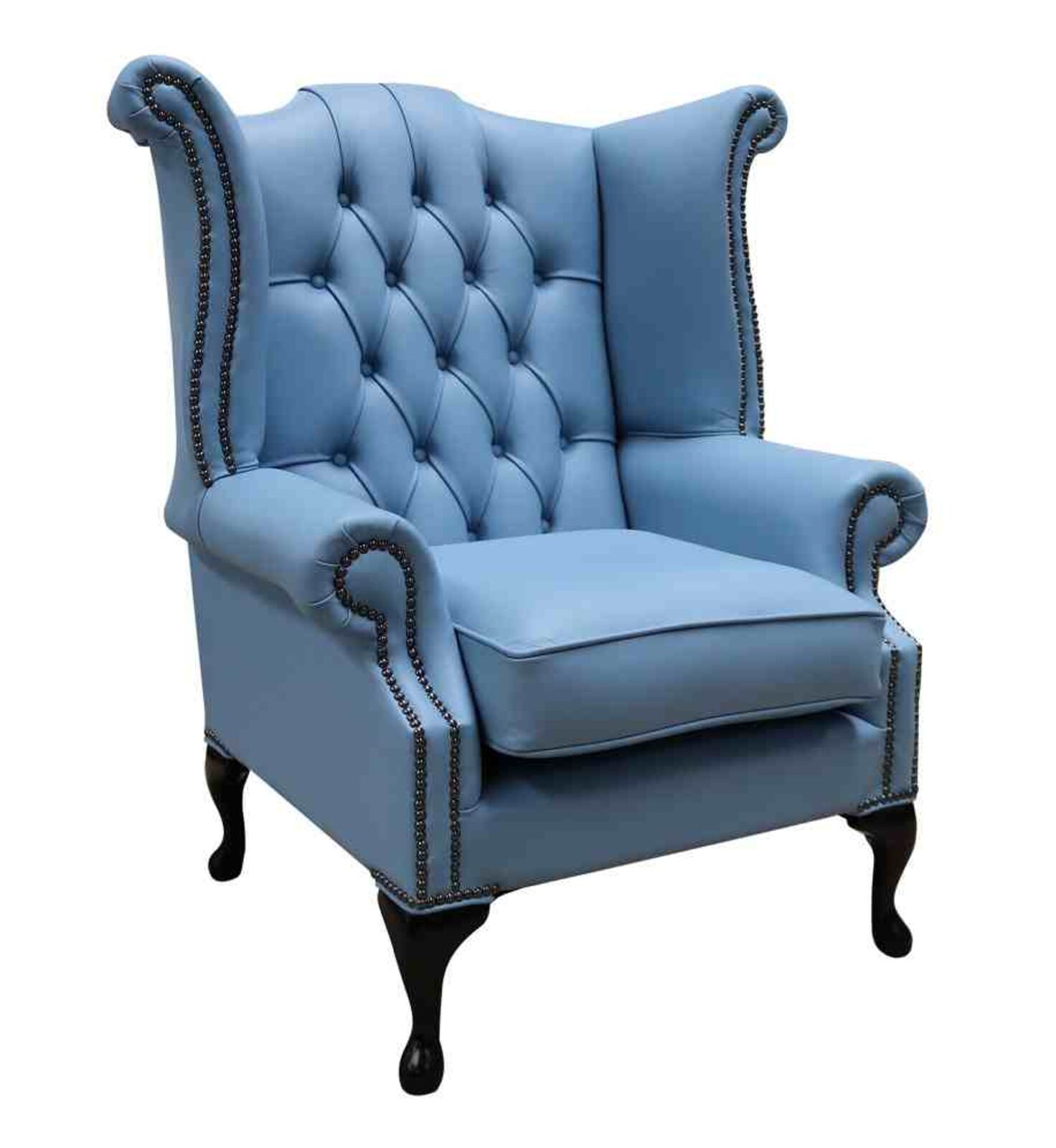 Product photograph of Chesterfield Queen Anne High Back Wing Chair Haze Blue Leather from Designer Sofas 4U