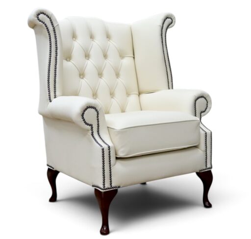 Chesterfield Queen Anne High Back Wing Chair Cottonseed Cream Leather | DesignerSofas4U