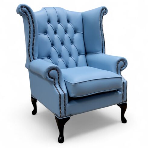 Chesterfield Queen Anne High Back Wing Chair Haze Blue Leather