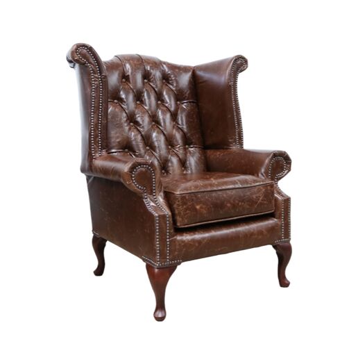 Chesterfield Queen Anne High Back Wing Chair Vintage Tudor Hazel Leather