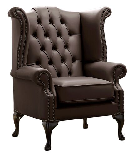 Chesterfield Queen Anne High Back Wing Chair Shelly Dark Chocolate Leather