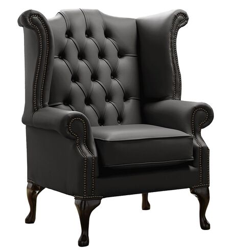 Shelly Black Leather Chesterfield Queen Anne High Back Wing Chair | DesignerSofas4U