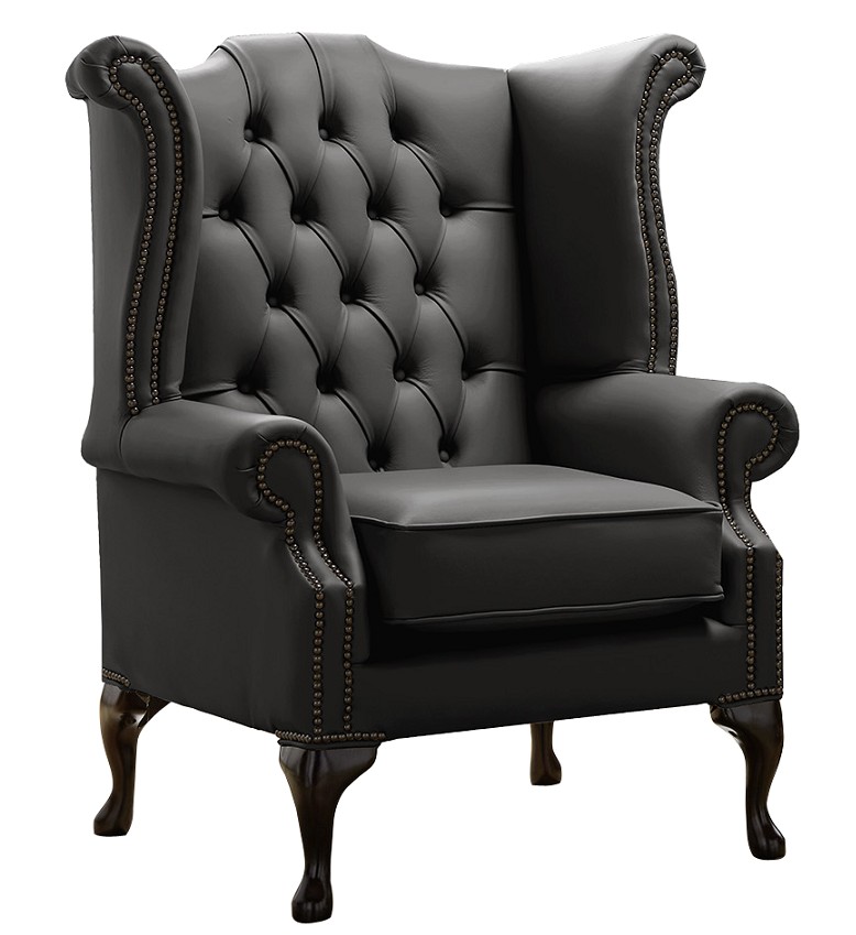 Sy Black Leather Chesterfield Queen, Leather Chesterfield Queen Anne Chair