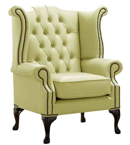 Chesterfield Queen Anne High Back Wing Chair Shelly Chartreuse Leather