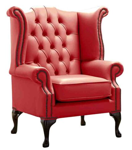 Chesterfield Queen Anne High Back Wing Chair Shelly Crimson Leather