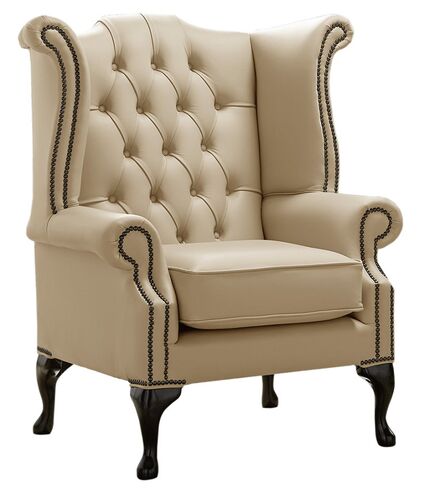 Chesterfield Queen Anne High Back Wing Chair Shelly Dark Beige Leather