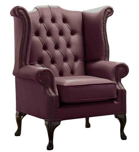 Chesterfield Queen Anne High Back Wing Chair Shelly Dark Grape Leather