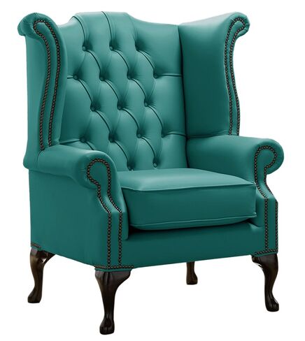 Chesterfield Queen Anne High Back Wing Chair Shelly Dark Teal Leather