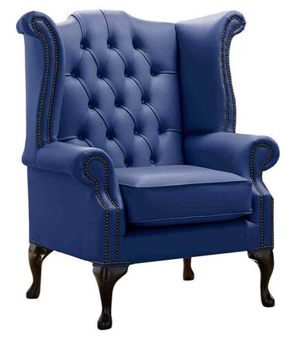 Chesterfield Queen Anne High Back Wing Chair Shelly Deep Ultramarine Blue Real Leather