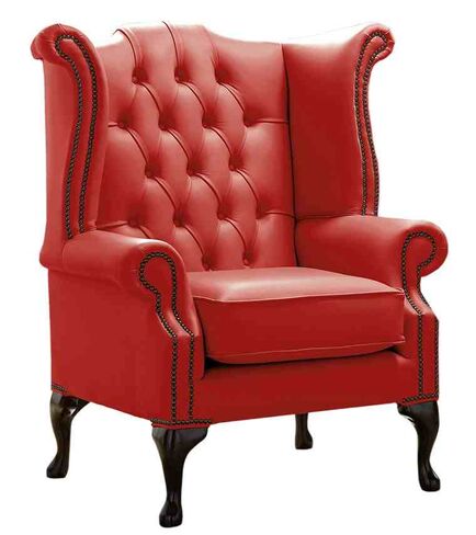 Chesterfield Queen Anne High Back Wing Chair Shelly Flame Red Leather