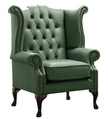Chesterfield Queen Anne High Back Wing Chair Shelly Forest Green Leather