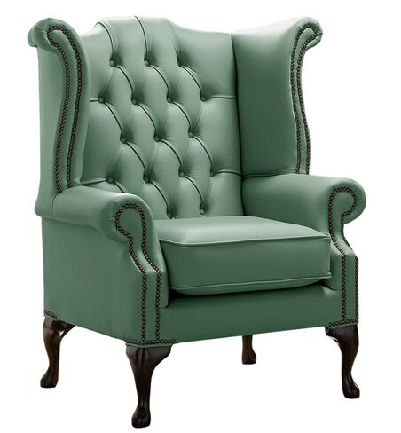 Chesterfield Queen Anne High Back Wing Chair Shelly Jade Green Leather
