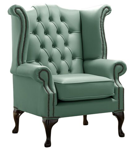 Chesterfield Queen Anne High Back Wing Chair Shelly Lichen Leather