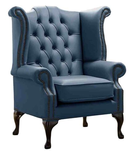 Chesterfield Queen Anne High Back Wing Chair Shelly Majolica Blue Leather