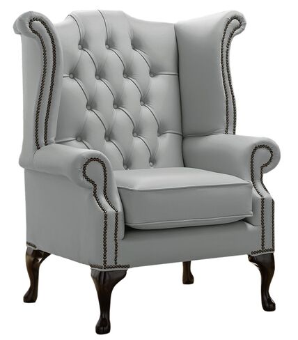 Chesterfield Queen Anne High Back Wing Chair Shelly Moon Mist Leather