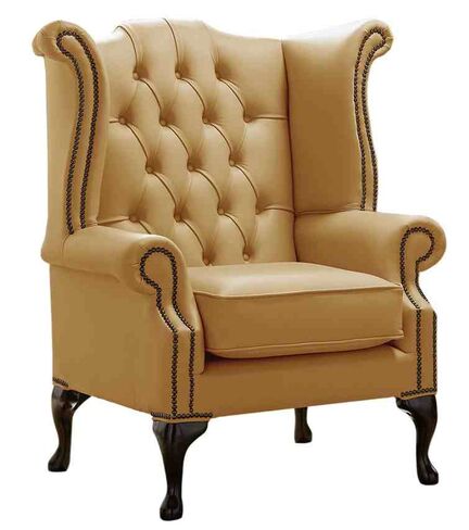 Chesterfield Queen Anne High Back Wing Chair Shelly Parchment Leather