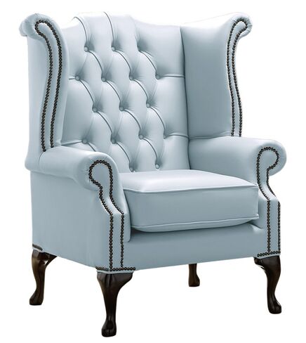 Chesterfield Queen Anne High Back Wing Chair Shelly Parlour Blue Leather
