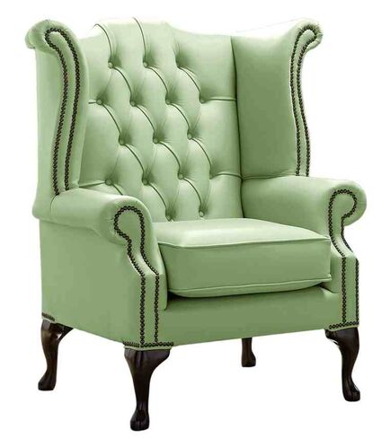 Chesterfield Queen Anne High Back Wing Chair Shelly Pea Green Leather