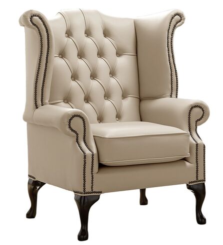 Chesterfield Queen Anne High Back Wing Chair Shelly Pebble Leather