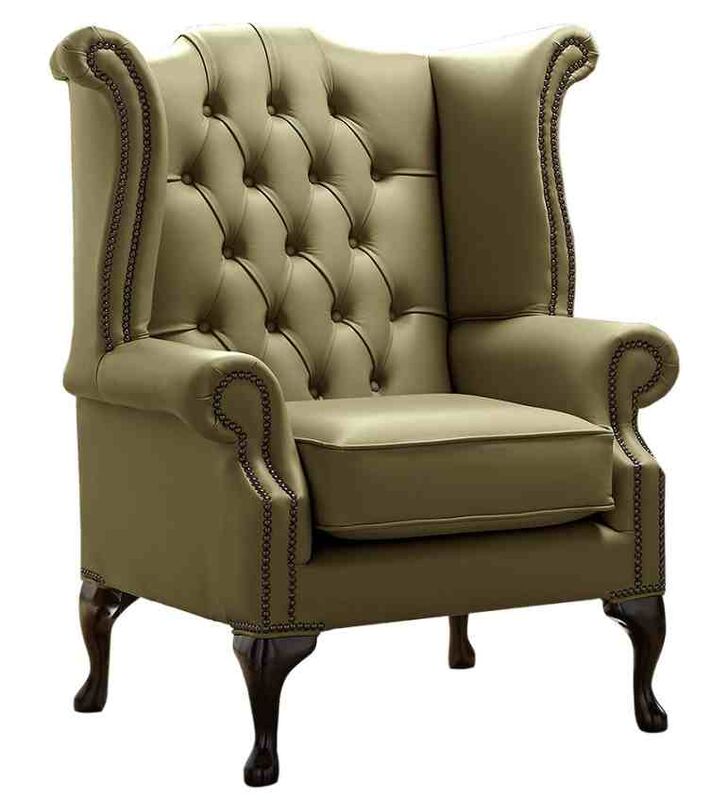 Product photograph of Chesterfield Queen Anne High Back Wing Chair Shelly Sage Leather from Designer Sofas 4U