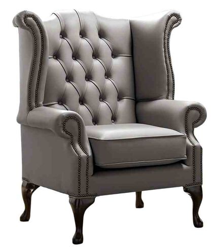 Chesterfield Queen Anne High Back Wing Chair Shelly Silver Birch Leather