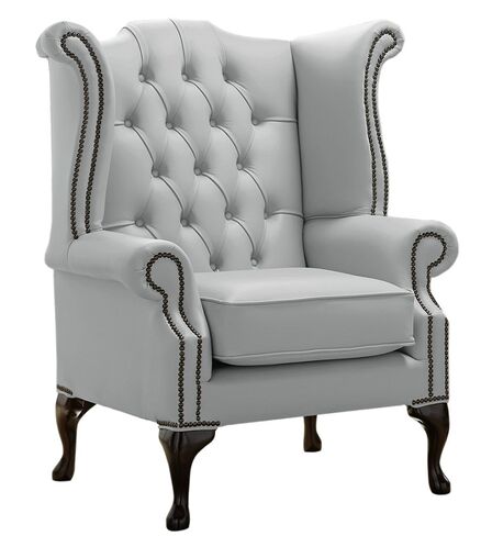 Chesterfield Queen Anne High Back Wing Chair Shelly Silver Grey Leather