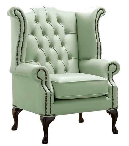 Chesterfield Queen Anne High Back Wing Chair Shelly Thyme Green Leather