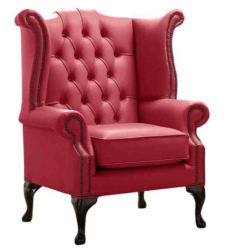 Chesterfield Queen Anne High Back Wing Chair Shelly Velvet Red Real Leather