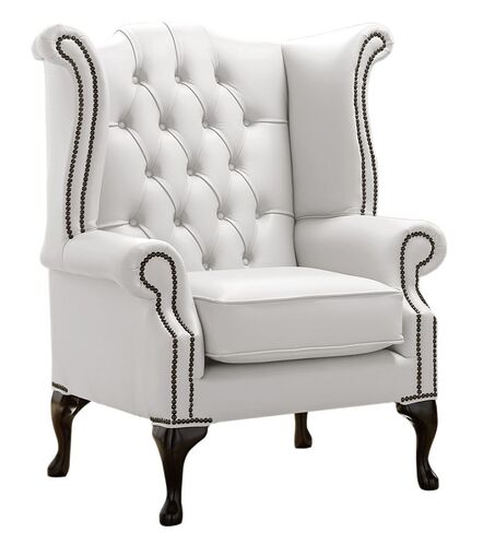 Chesterfield Queen Anne High Back Wing Chair Shelly White Leather