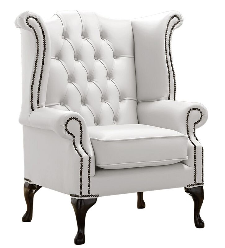 Product photograph of Chesterfield Queen Anne High Back Wing Chair Shelly White Leather from Designer Sofas 4U