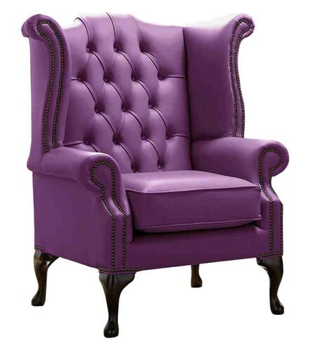 Chesterfield Queen Anne High Back Wing Chair Shelly Wineberry Real Leather