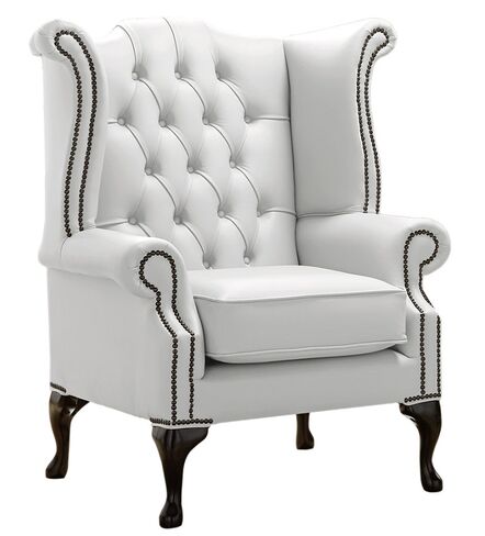 Chesterfield Queen Anne High Back Wing Chair Shelly Winter White Leather