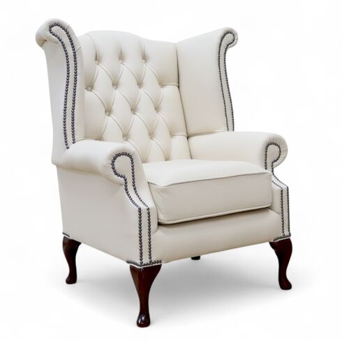 Elegant Tufted Wingback Queen Anne Armchair – Rice Milk Leather with Nailhead Trim