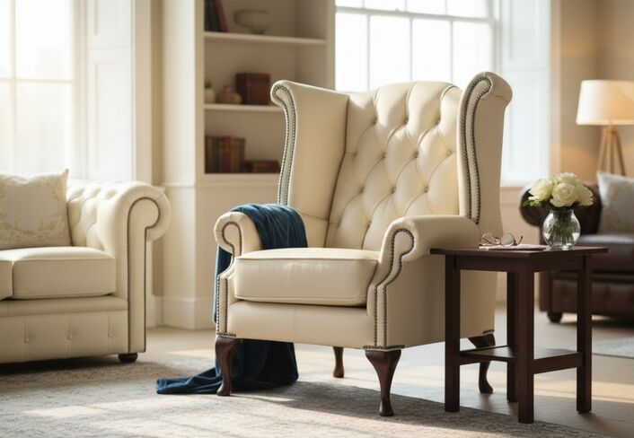 Elegant Tufted Wingback Queen Anne Armchair – Rice Milk Leather with Nailhead Trim
