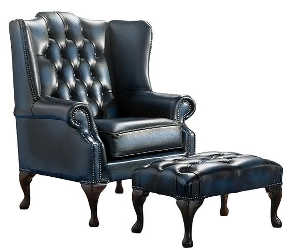 Chesterfield Handmade Mallory Flat Wing Back Armchair Antique Blue Leather + Footstool