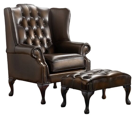 Chesterfield Handmade Mallory Flat Wing Back Armchair + Footstool Antique Brown Leather